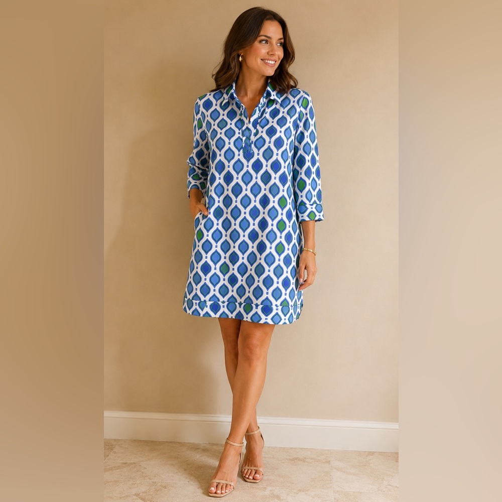 Jude Connally The Kate Dress V-Neck Stand Collar Geometric Pattern Small